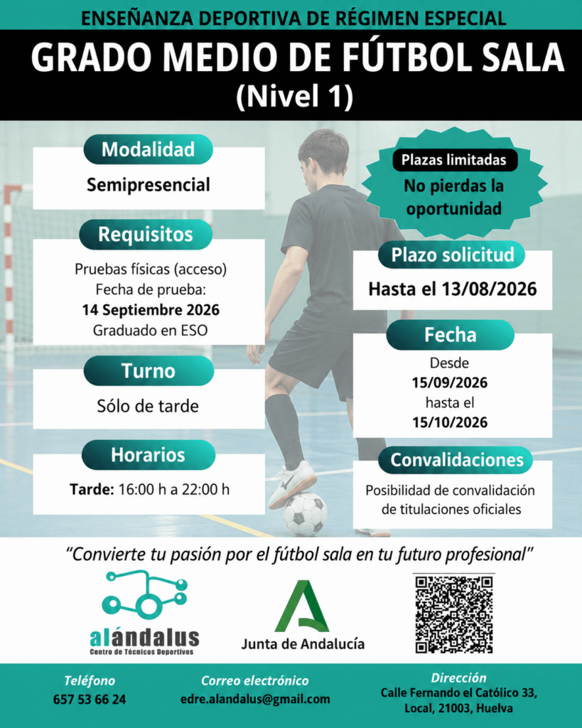 Nivel 1 de Fútbol Sala en Huelva: fórmate para entrenar esta temporada 2026/2027 cartel nivel 1 futbol sala huelva alandalus 2026 2027
